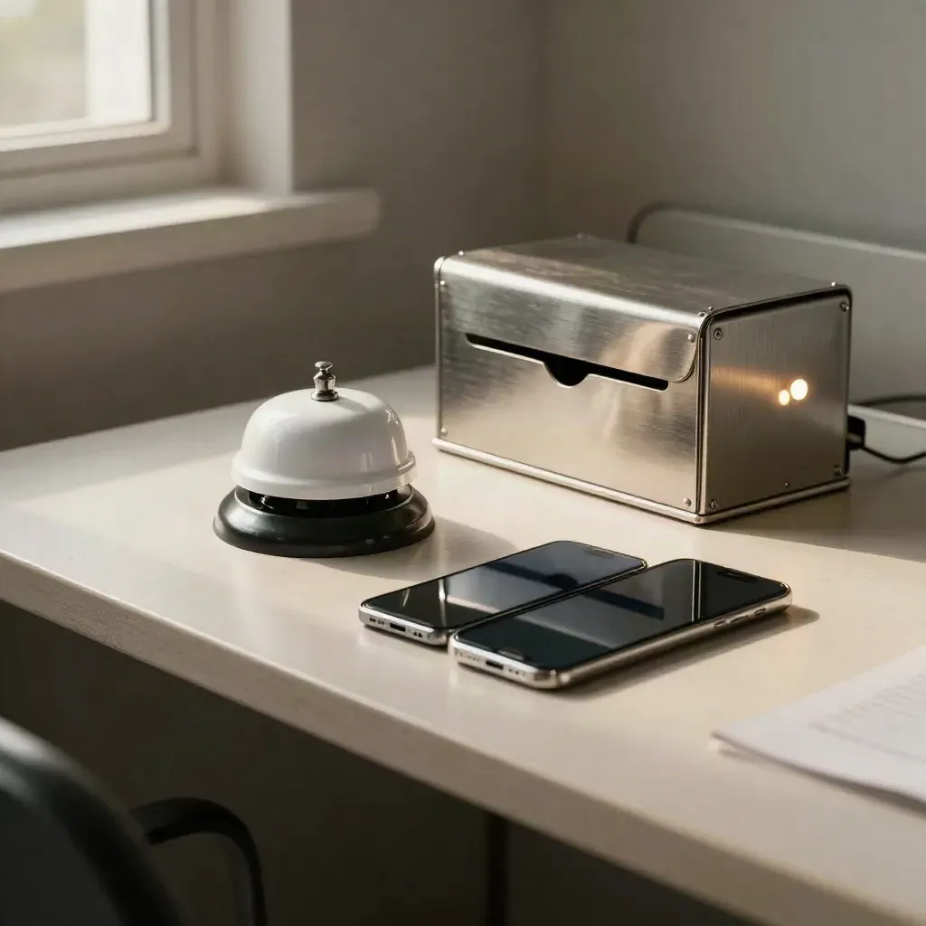 Quiet union desk with alert lamp, two phones, and metal inbox in soft daylight