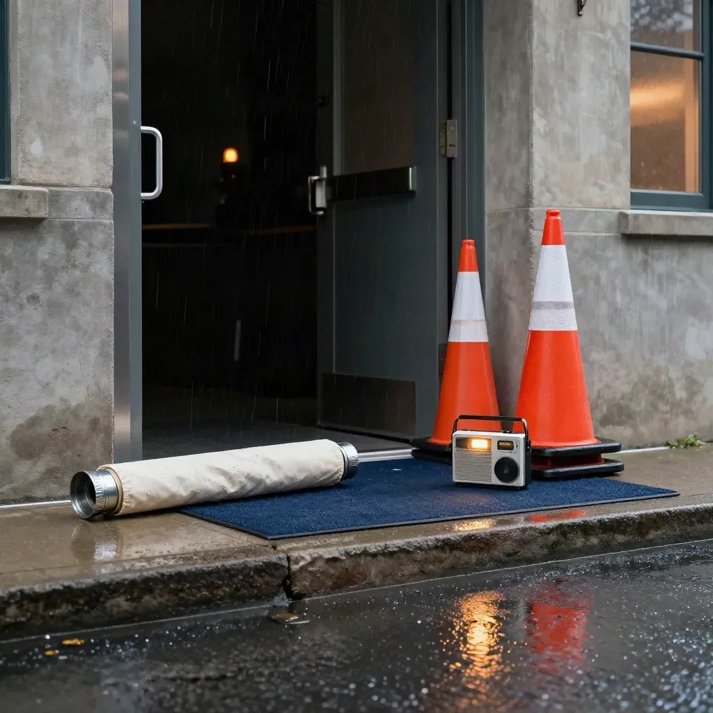 Rain-slick union hall entrance with cones, banner tube, and a glowing radio by the doorway.