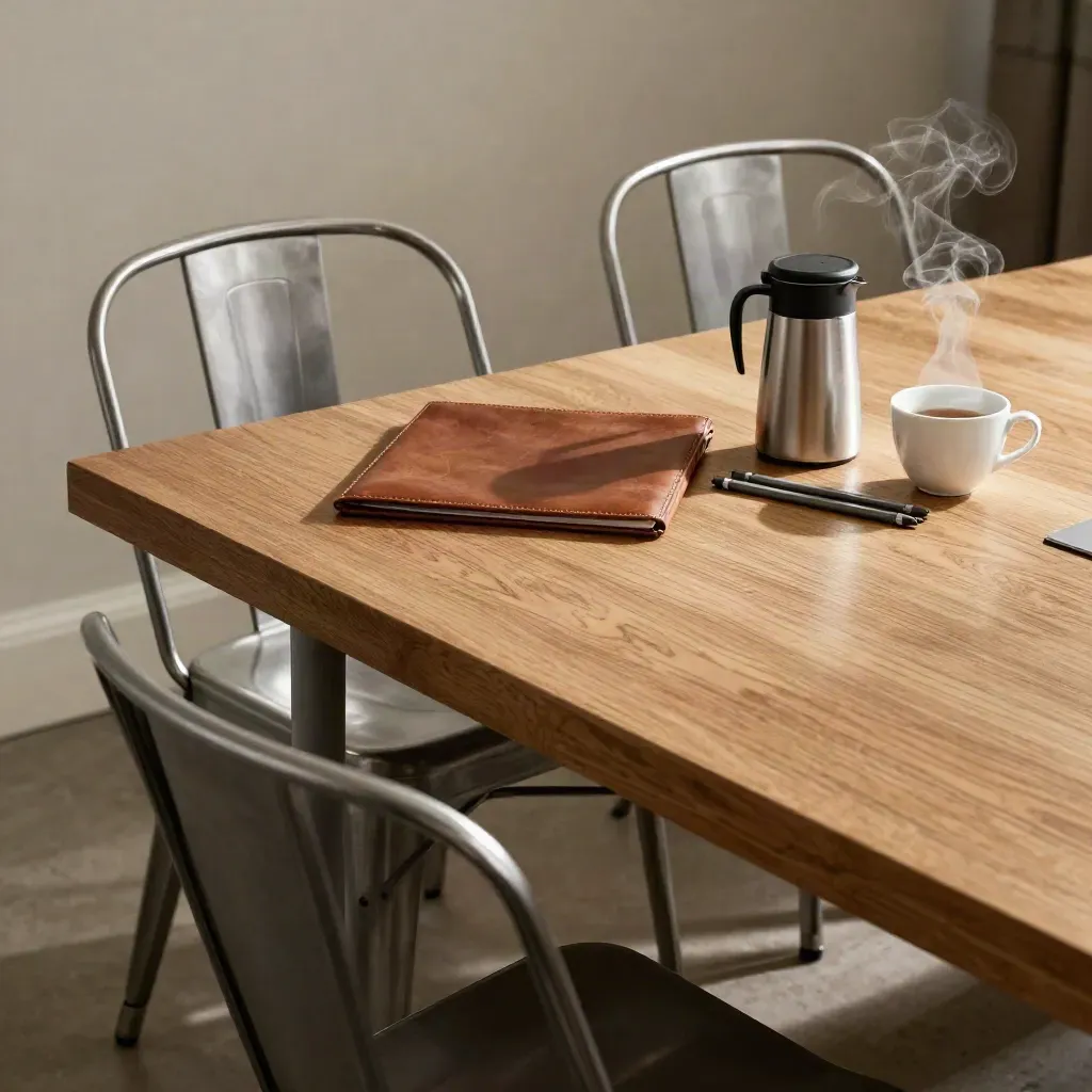 Pushed-back chairs beside a leather folder, pencils, and a coffee carafe on a bargaining table.