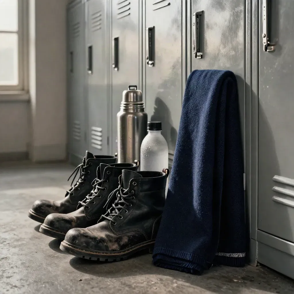 Packed strike-prep boots, thermos, bottle, and navy scarf beside a locker, cold air drifting.