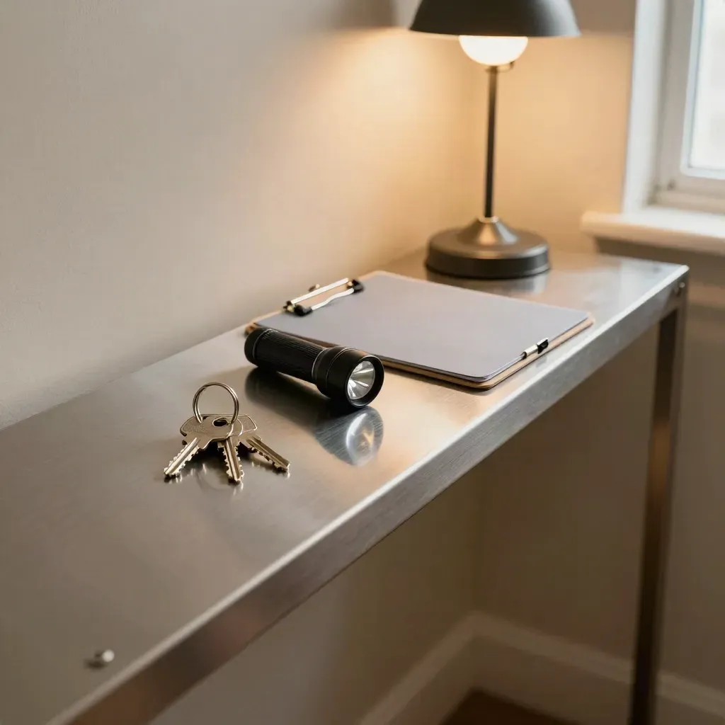 Keys, flashlight, clipboard, and desk lamp on a steel shelf in warm light.
