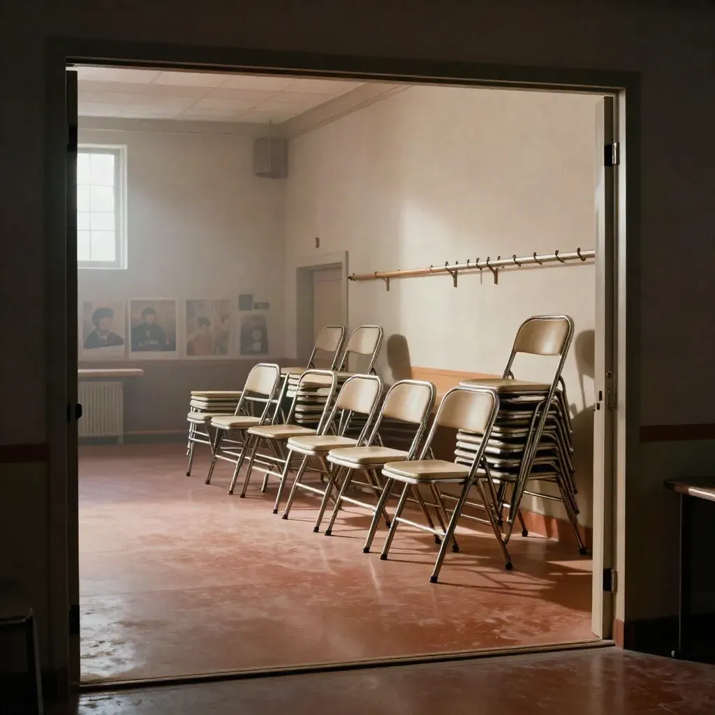 Empty community hall with stacked chairs, coat rack, and blurred posters in evening haze.