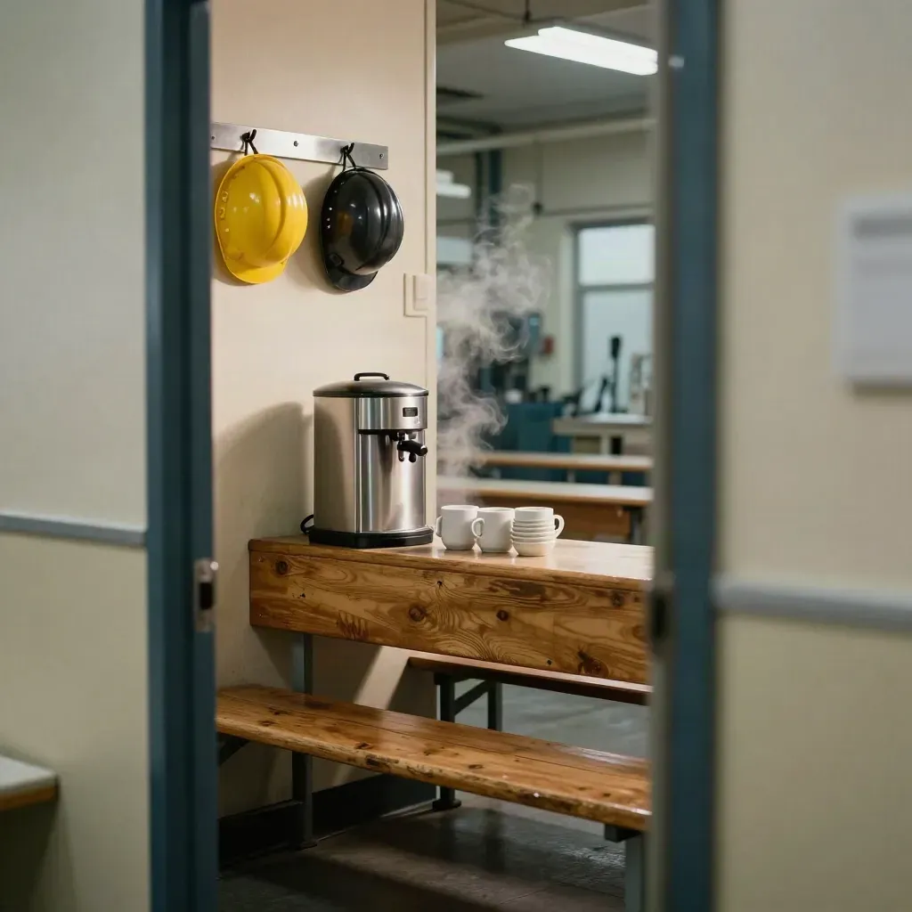 Empty factory canteen with hard hats, coffee urn, and an open door to the floor.