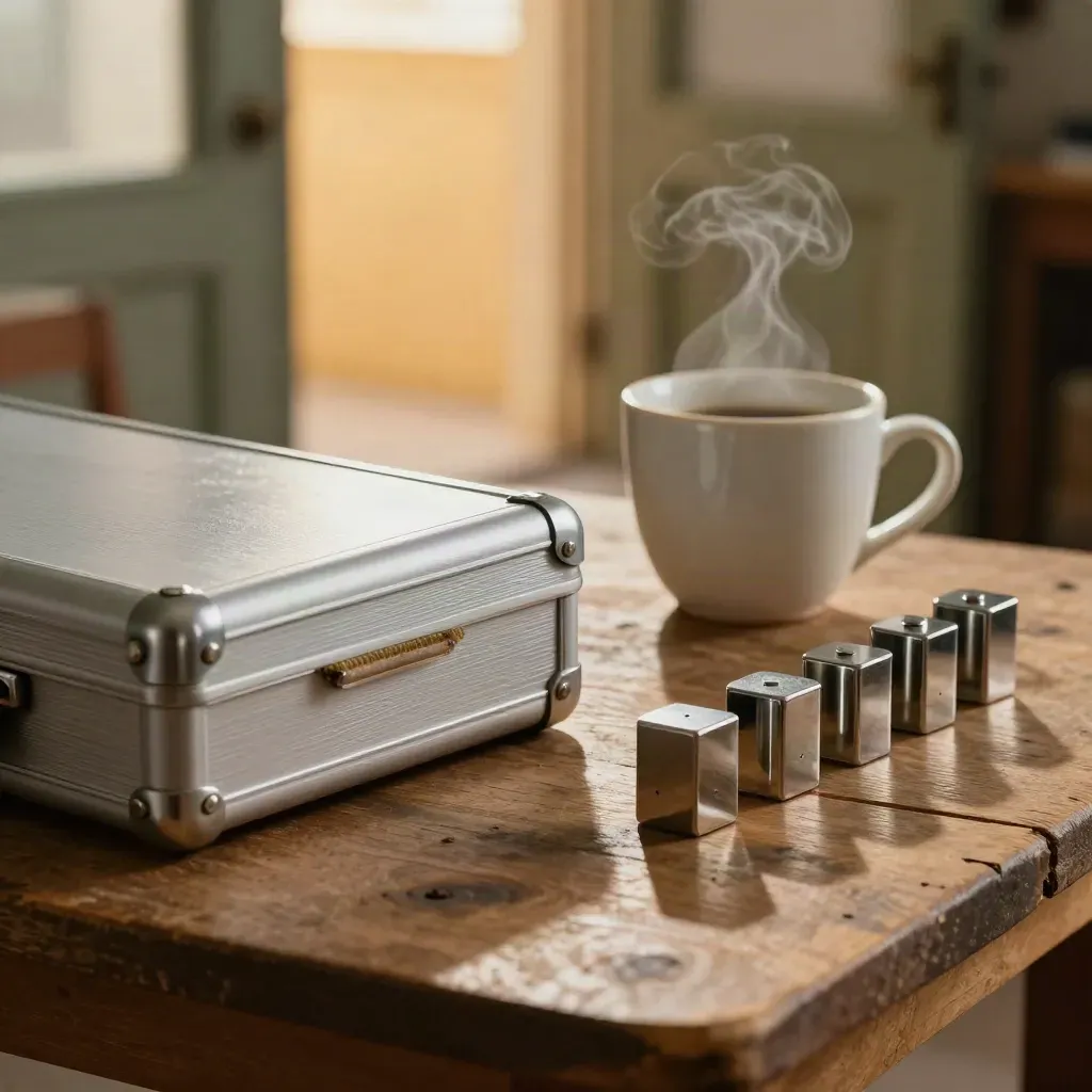 Steam beside a closed steel case, coffee cup, and lined paperweights on a warm workshop table.