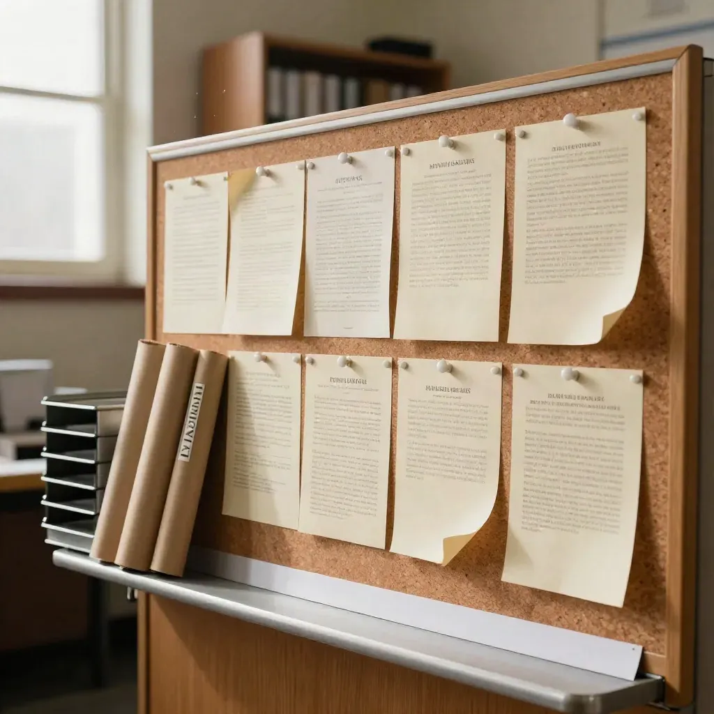 Bulletin board, rolled posters and mail trays in a union branch office, lit by warm window light