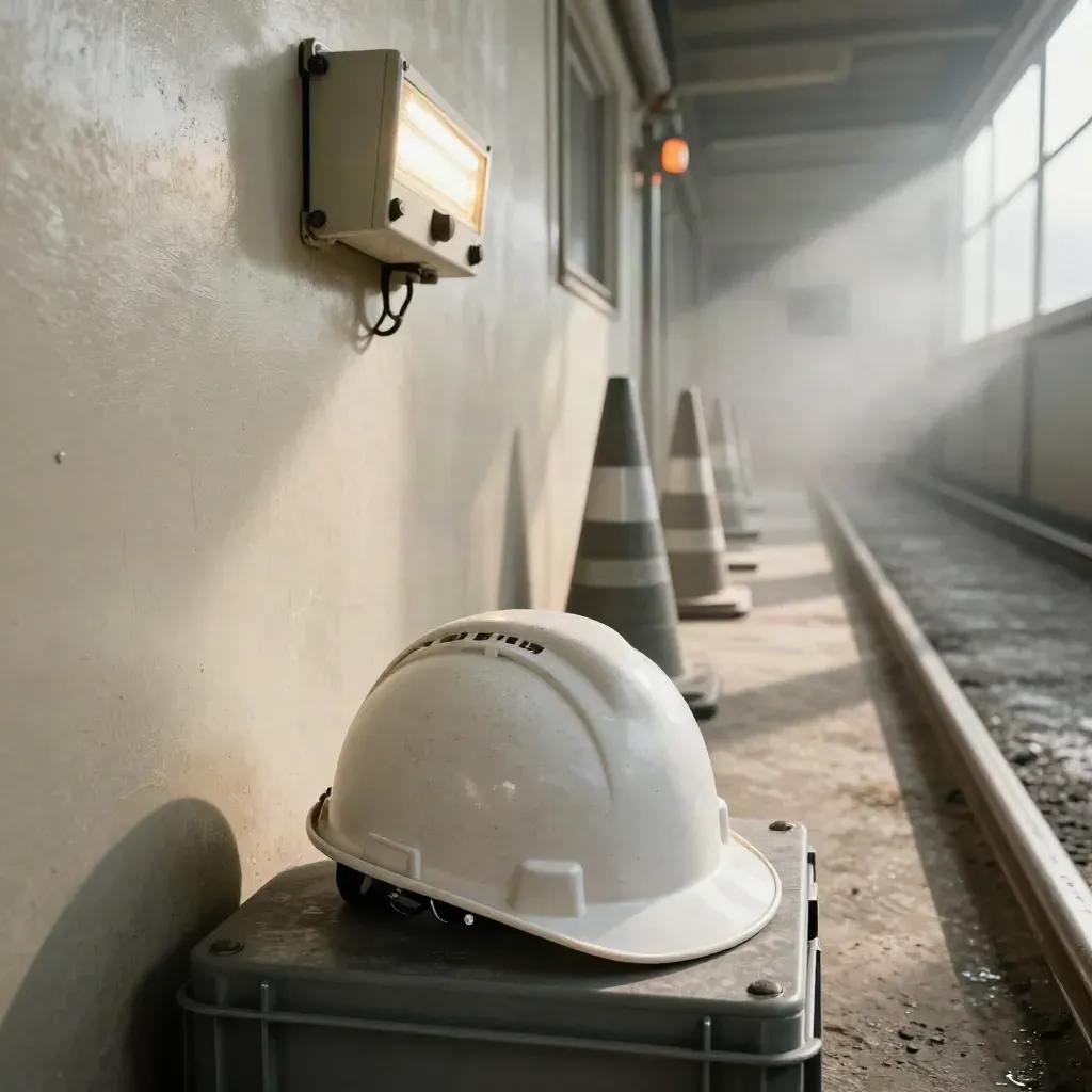Floor-level aisle with safety cones, a hard hat on a crate, and a glowing safety station