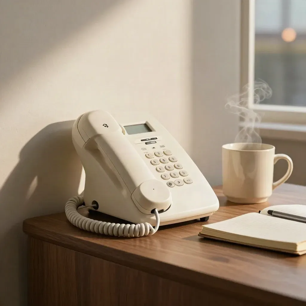 Wall phone, closed notebook and steaming mug on a narrow side table in warm window light