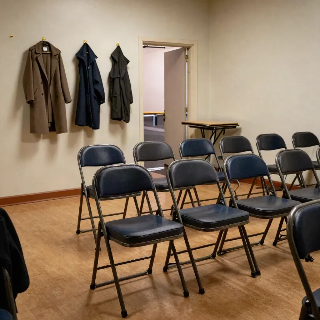 Empty folding chairs in a community hall, coats on pegs and open door glowing at dusk.