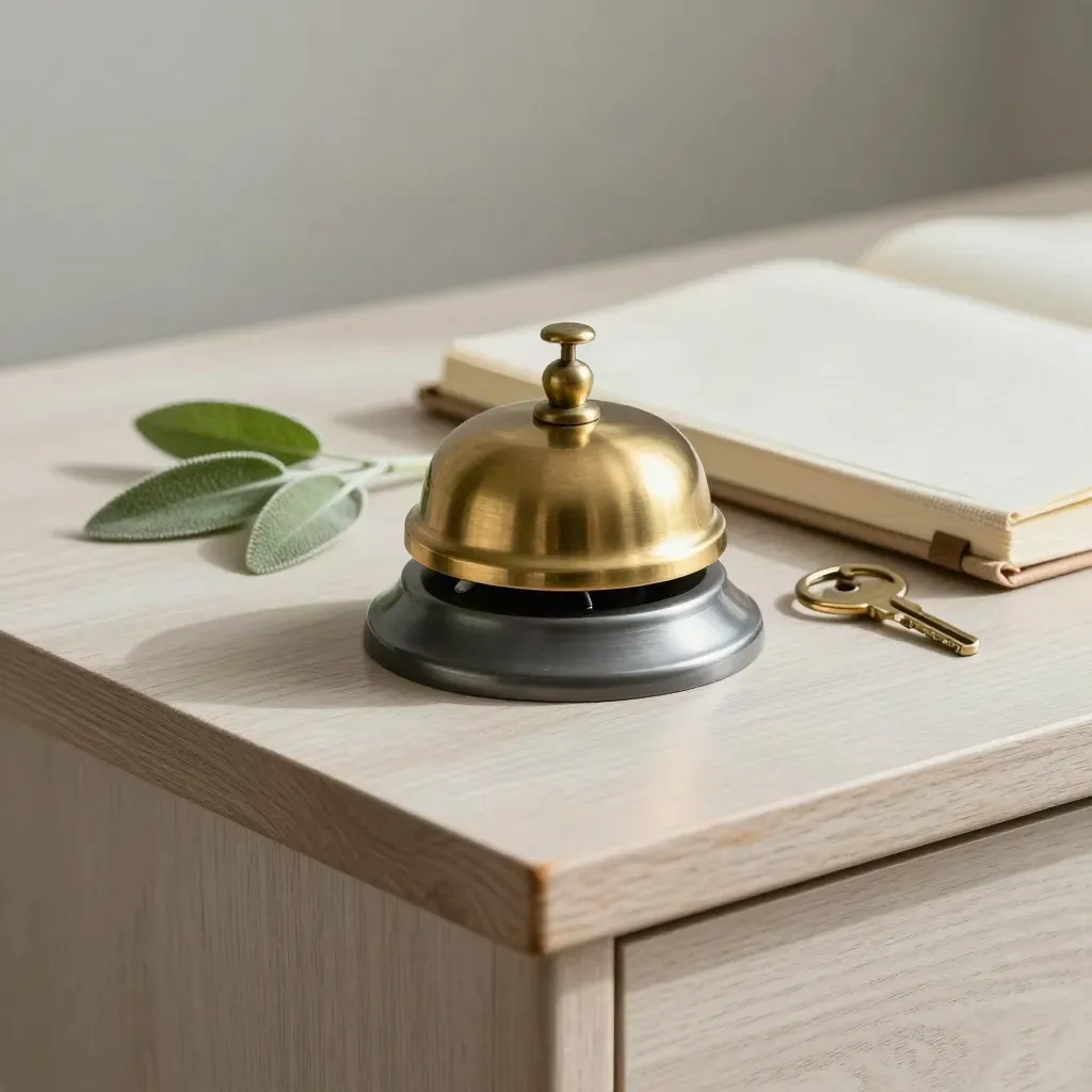 Brass desk bell beside keyring, linen notebook, and sage sprig on pale wood.