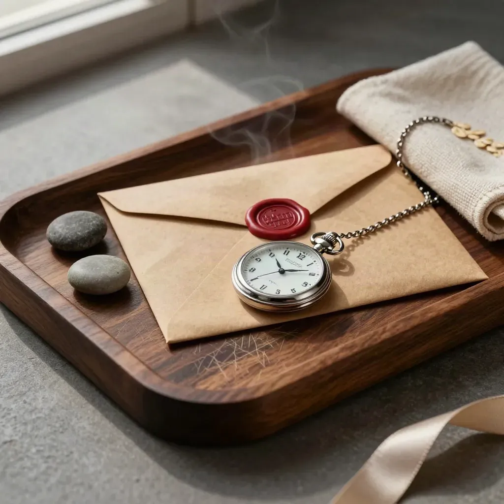 Pocket watch beside a sealed kraft envelope and ceramic pebbles on a dark wooden tray with tea steam