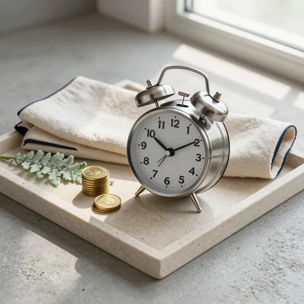 Overhead flatlay of a steel alarm clock, brass tokens, canvas cloth, and fern on stone.