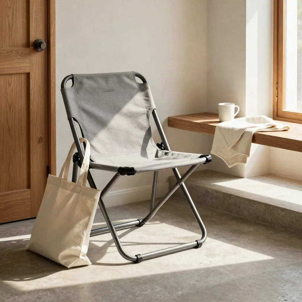 Portable chair, canvas tote and white mug by a quiet entryway bench in warm afternoon light.