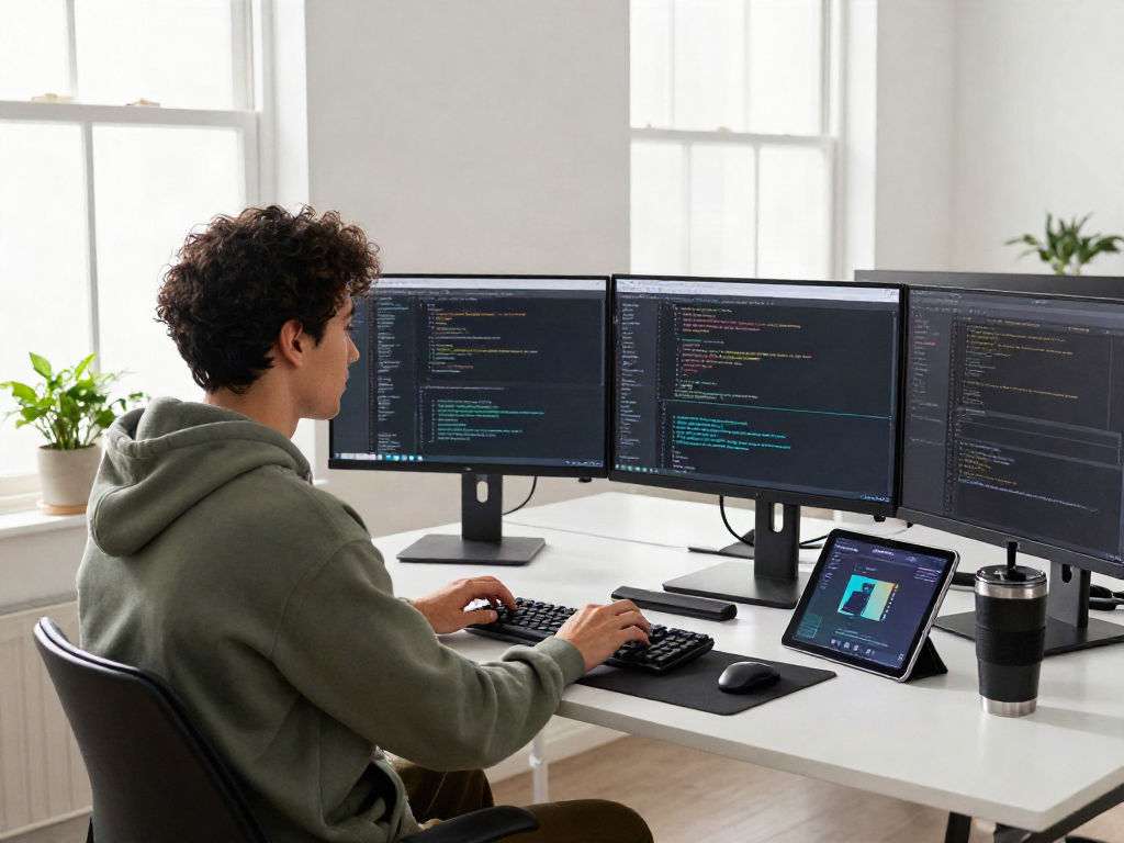 Young professional crush on coding in a modern tech workspace with dual monitors.